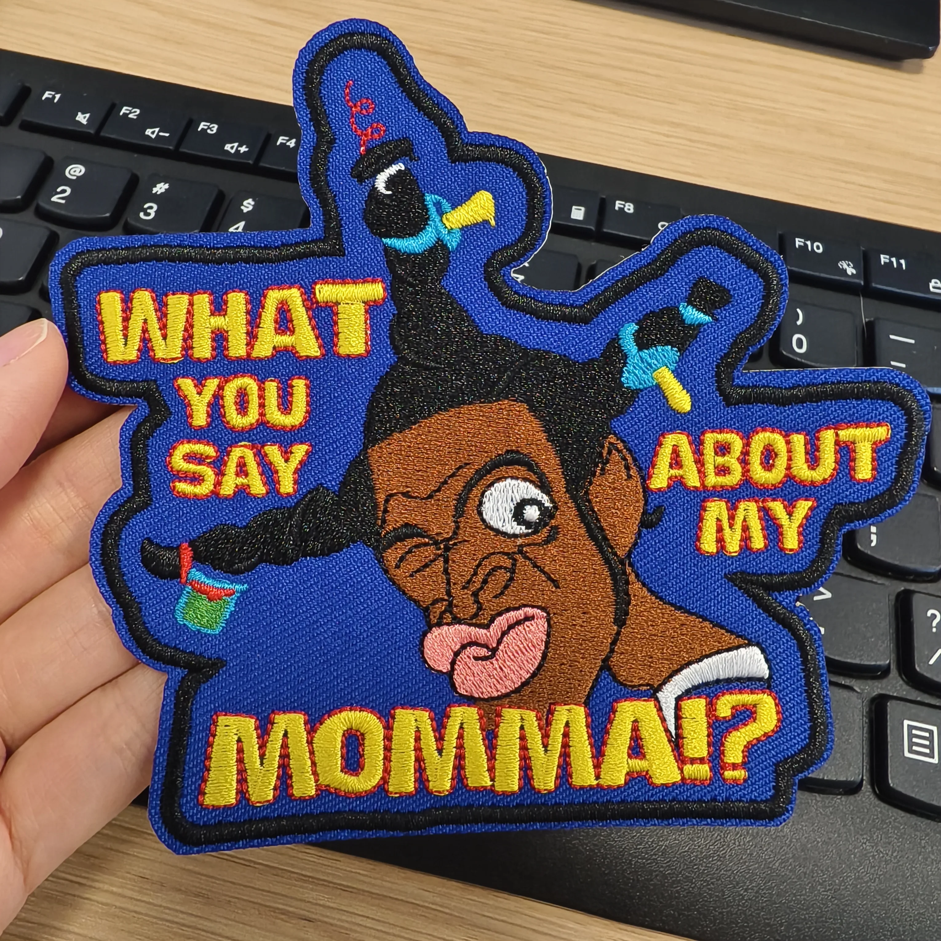 1PC What You Say About My Momma Embroidered Patch Humorous Badge DIY Gift Iron On Patches For Clothes Cap Bag Jacket Trucker Hat