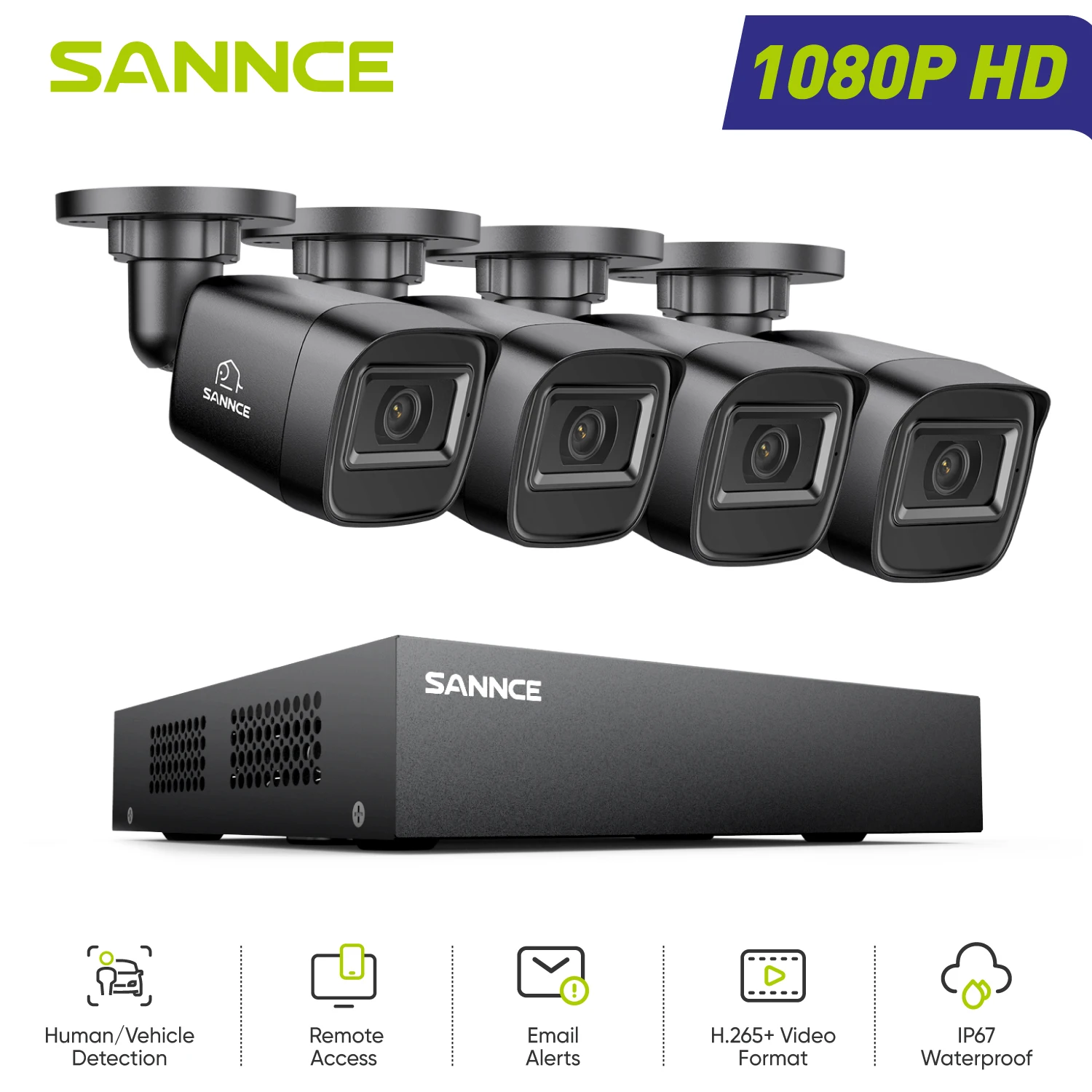 SANNCE 8CH 1080P HD-TVI DVR Security System with 2MP Bullet Camera H.265 Pro+ Compression Human/Vehicle Detection, 20m IR Night Vision, IP67 Weatherproof, Remote View