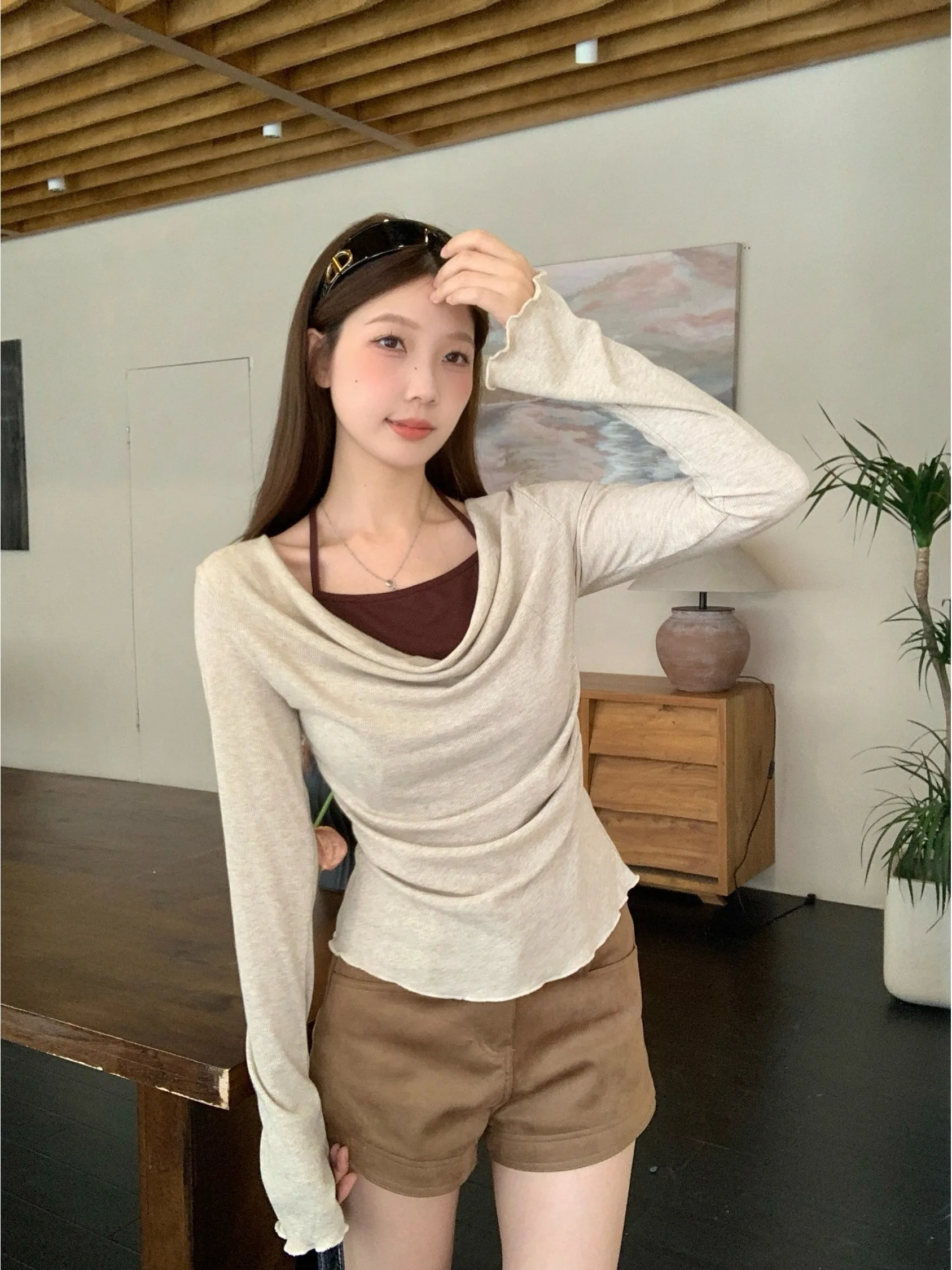 

plus Size Slim Fit Long Sleeve T-Shirt Autumn New Style Hanging Neck Design Color Block Contrast Effect Korean Style Commute ...
