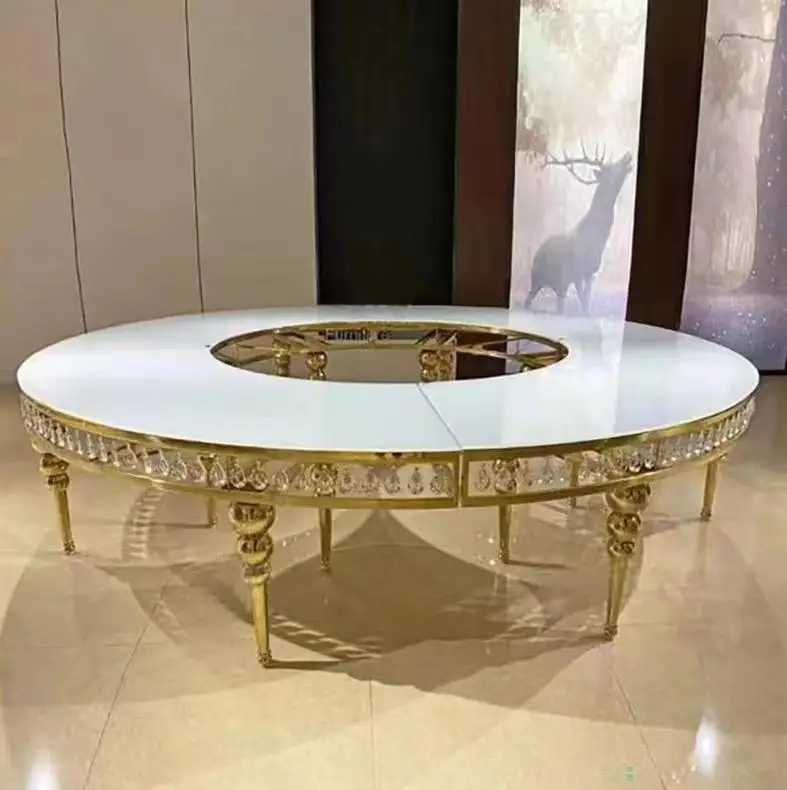 Popular Luxury Sector Glass Top Marble Serpentine Table Wedding Gold Stainless Steel Half Moon S Shape Party Tables