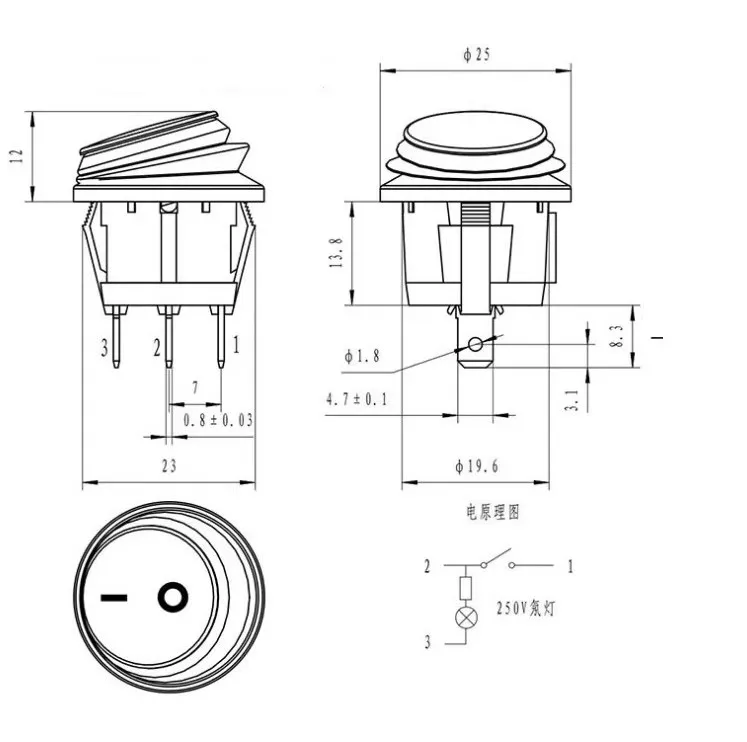 1pcs/lot Waterproof and dustproof 2-speed 2-pin circular boar-shaped switch lift plate power black button KAN-B2-25P