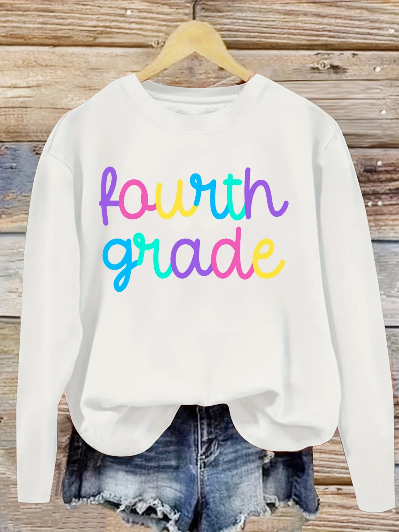 Women's Casual Long Sleeve Crew Neck T-Shirt Fourth Grade Rainbow Text Print Design, Round Neck Women's Clothing, Machine Washable, Slightly Elastic, Loose Fit, Spring Autumn Winter Women's T-Shirt, Halloween Costume Outfit view 5