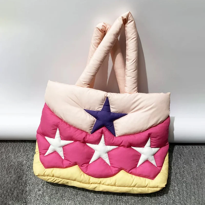 Pink Cute Star Splicing Down Bag Tote Bag Women\'s Large Capacity Winter New Star Splicing Hand Bill Shoulder Underarm Bag