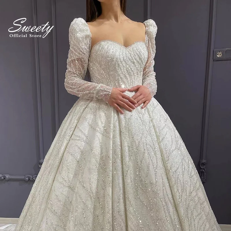 Shiny Chic Wedding Dress Fully Wtih Bead Embroidered Ball Gown Sweetheart V-Neck Puff Sleeves Bride Lace Up Vestido De Novia