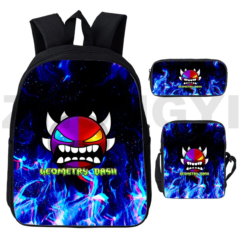 3D Students Angry Geometry Dash Backpack 3 in 1 Set Anime 12/16 Inch Kids Bookbag Pencil Case Fashion Crossbody Bags for Women