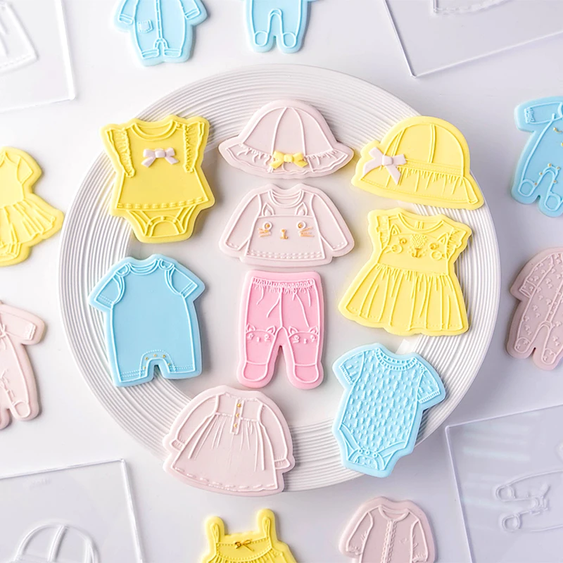 Cartoon Baby Clothes Cookie Embosser Mold Fondant Biscuit Mold Baby Shower Cookie Press Stamp Cake Decoration Mold Baking Tools