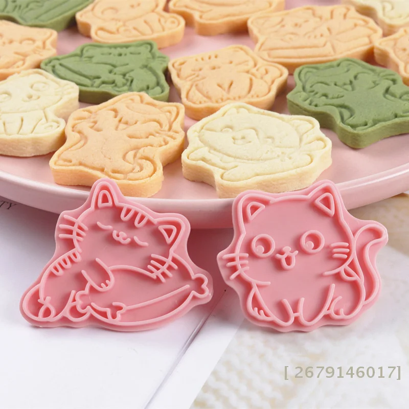 【YY26】8Pcs Cat Cookie Mold Cartoon Cat Claw Fish Bone Shape Cookie Stamp Fondant Cake Decoration Tools 3D Hand Pressure Plastic