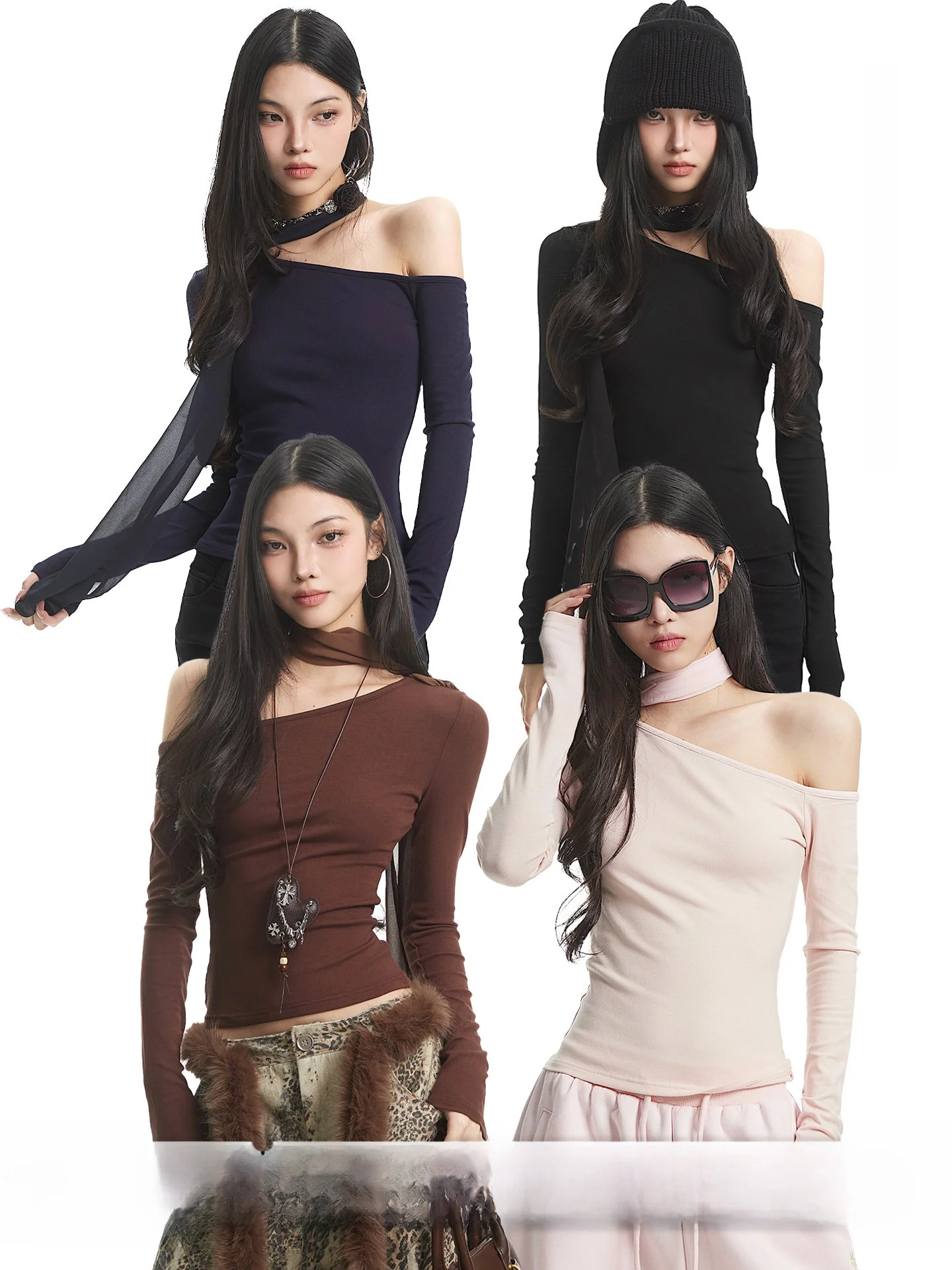 

Женская приталенная футболка с длинным рукавом и открытыми плечами, коричневая, в стиле Hot Girl, осенний дизайн, с поясом, однотонная, C...