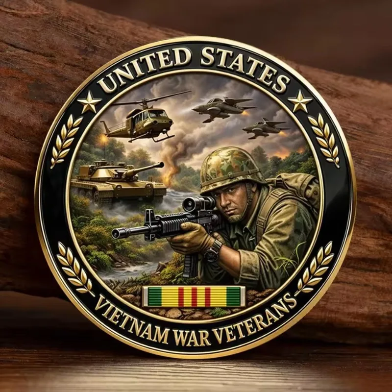 2D Vietnam War Commemorative Coin American Veterans Challenge Token Metal Brass Plating Shape Dragon and Bamboo Forest Military