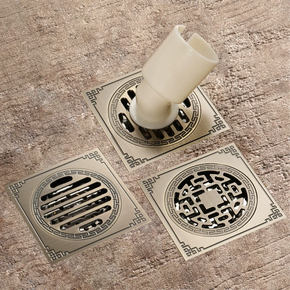 Antique Floor Drains 10x10cm Brass Shower Floor Drain Bathroom Deodorant Euro Square Floor Drain Strainer Cover Grate Waste