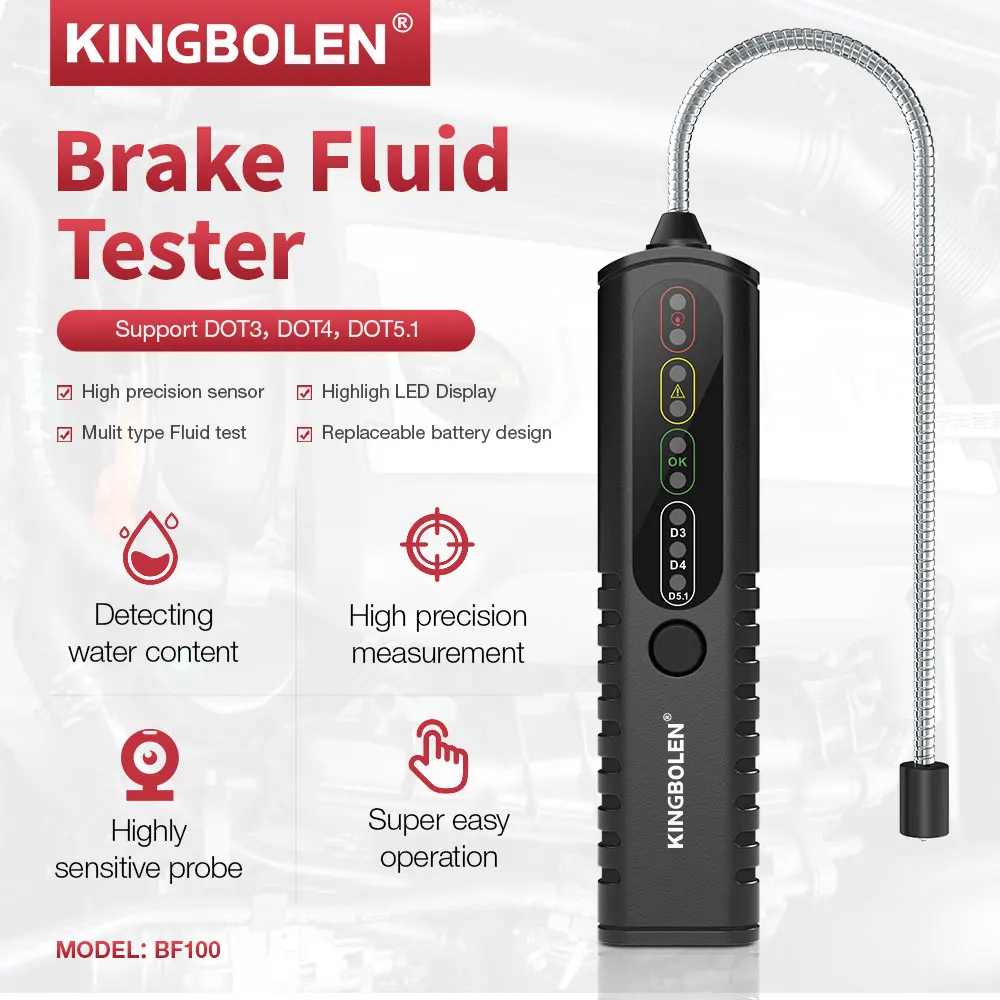 KINGBOLEN BF100 Automotive Brake Fluid Tester for DOT3 DOT4 DOT5.1 Car Brake Oil Tool Quality Check with LED Light Display