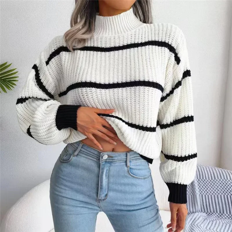 2023 Autumn and Winter Women\'s Fashion Commuter Casual Stripe Lantern Sleeve Half High Neck Knit Pullover Long Sleeve Sweater