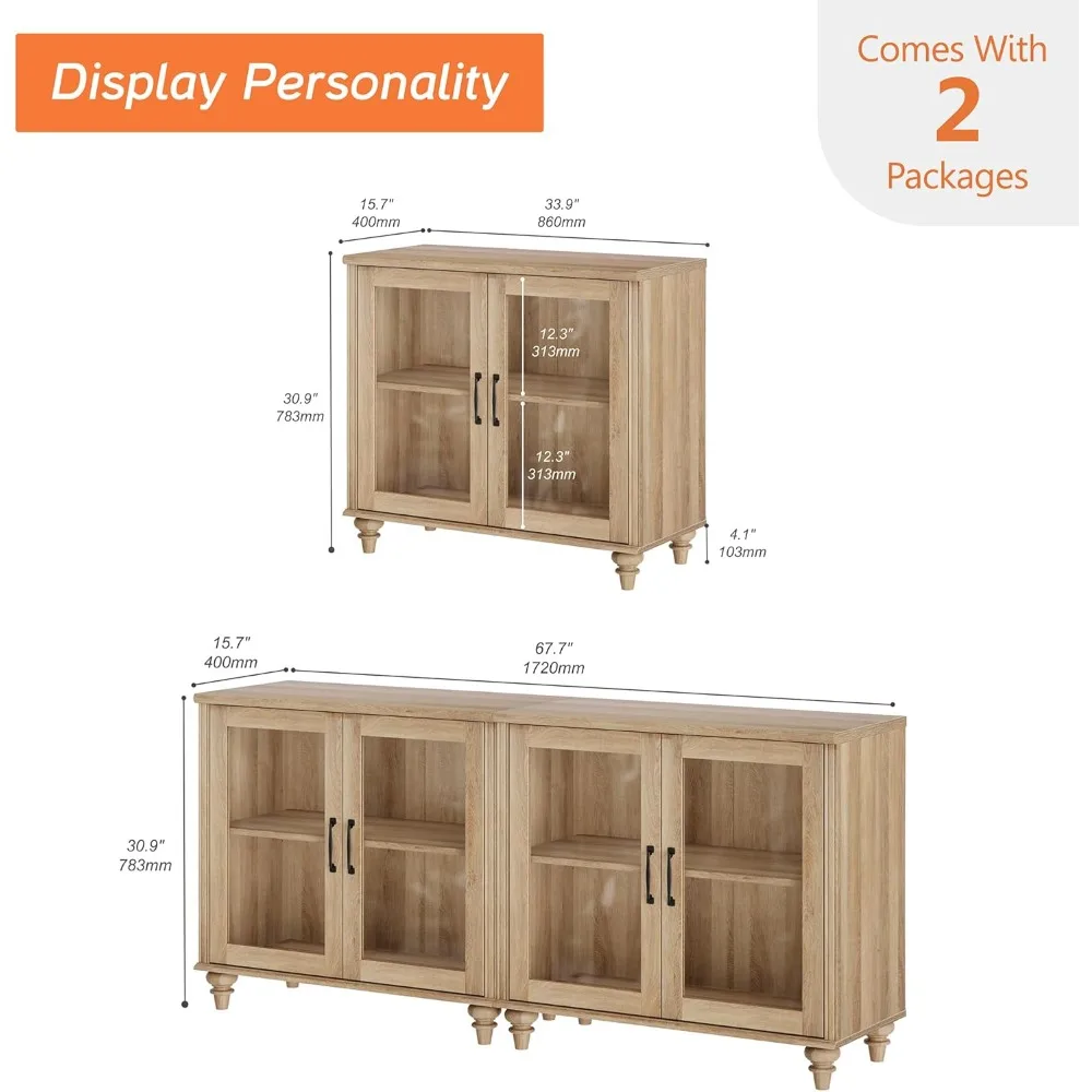 Sideboard Buffet Cabinets with 4-Glass Door, Kitchen Storage Cabinets, Wood Coffee Bar Tables with Adjustable Shelf