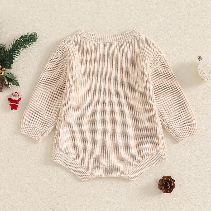 Newborn Baby Girl Boy Christmas Knit Long Sleeve Autumn Winter Sweater Romper, O-Neck Letter Embroidery Crotch Button Bodysuit