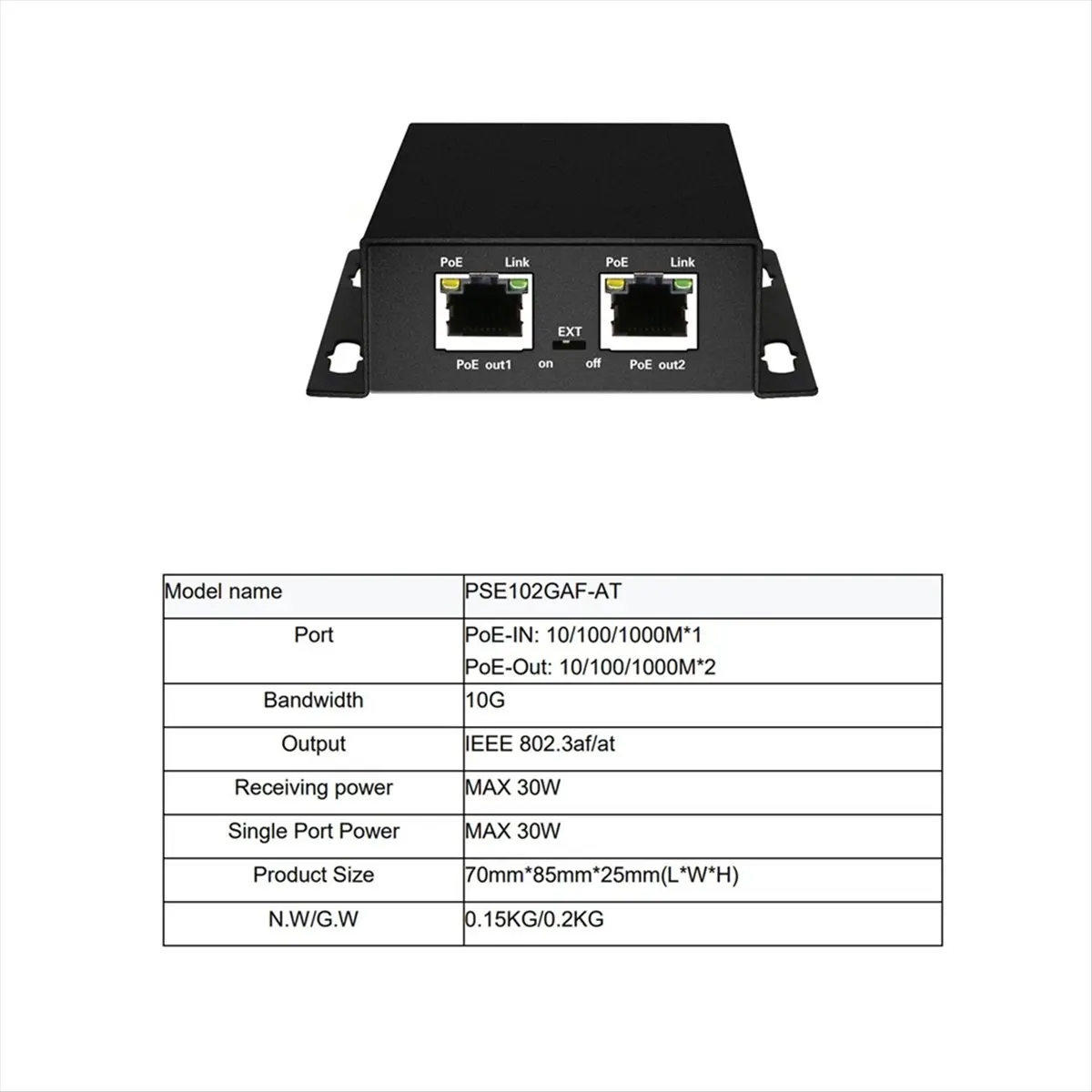 T868C Tools-IEEE 802.3af/At POE Extender 1 Input 2 Output 2 Ports POE Extender&Injector 10/100/1000Mbps VLAN Max250m 30W