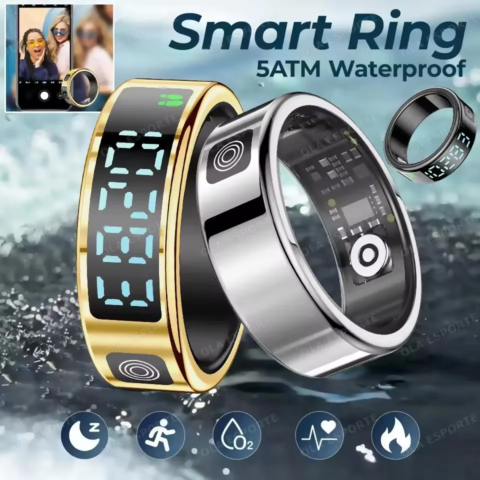 SR08 Smart Ring with Charging Box for Men Women LED Display Screen Gesture Control Health Monitor 5ATM Waterproof Sports Rings