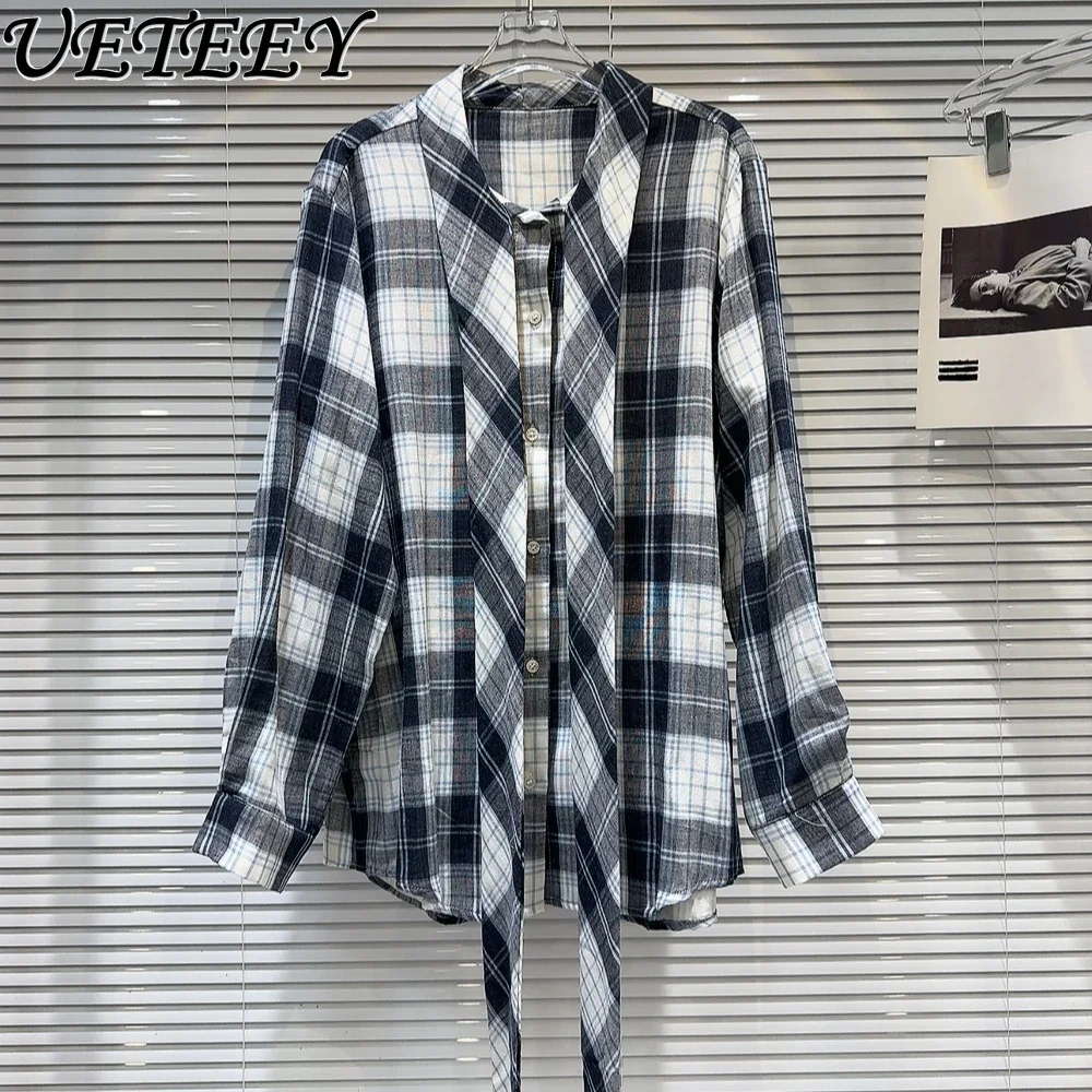 

Spring and Autumn New Non-Mainstream Style Lace-up Neckline Tops Color-Contrast Check Loose Hot Girl Long Sleeve Shirt