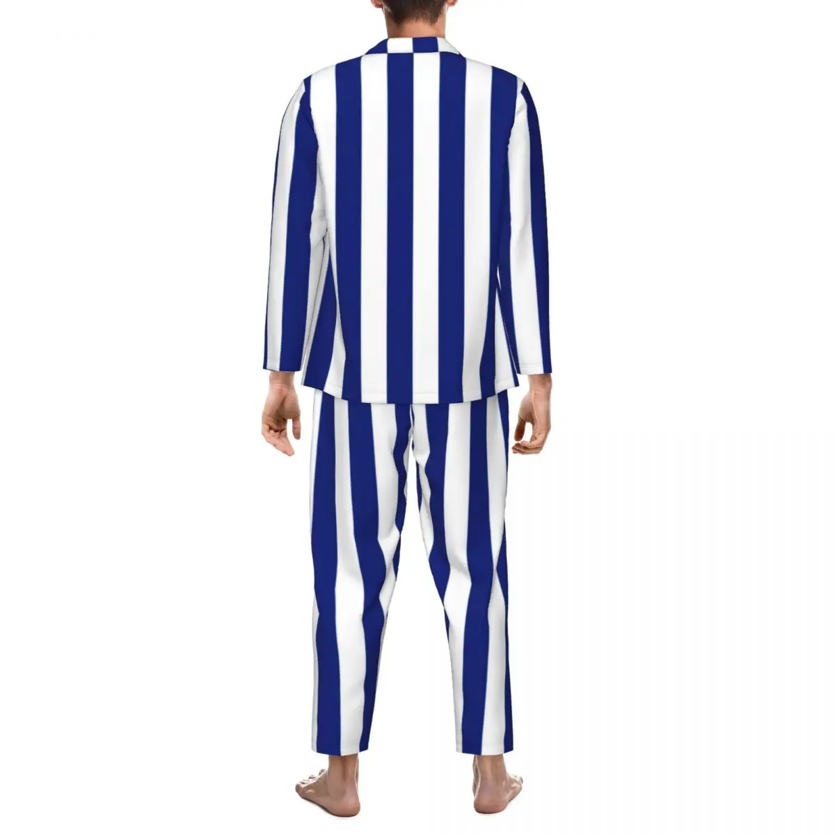 Vertical Striped Pajamas Men Blue Lines Print Kawaii Room Sleepwear Autumn 2 Piece Casual Loose Oversize Custom Pajama Sets