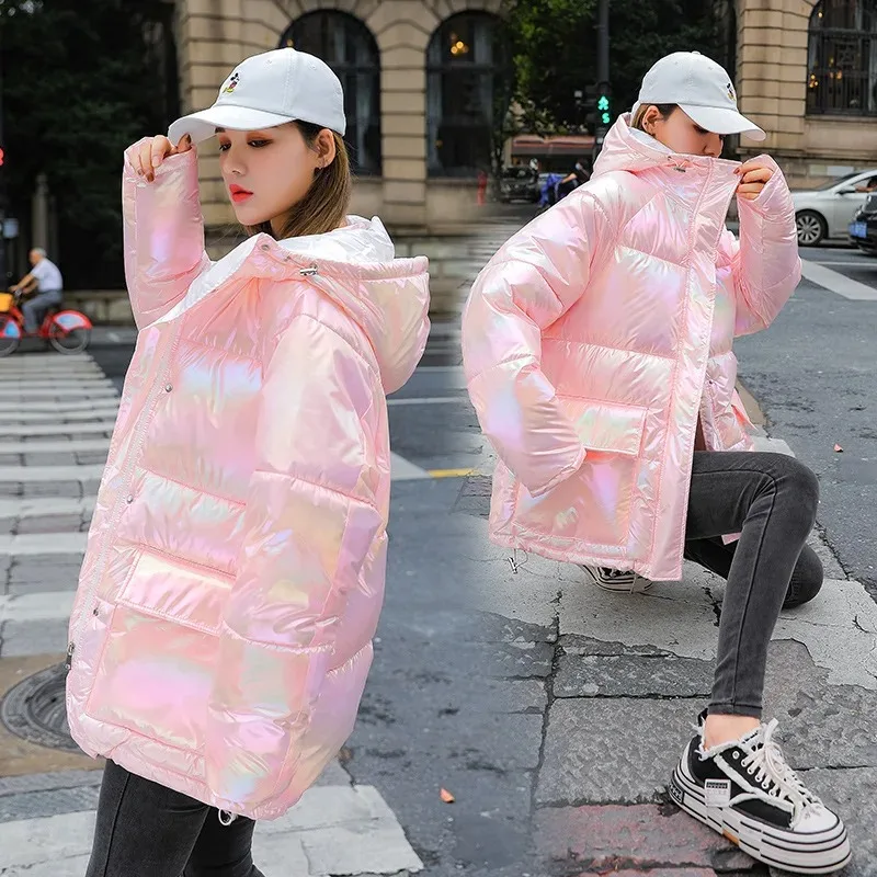 Shiny Color Down Jacket 2023 Autumn and Winter Parkas Korean Style Loose Mid-length Disposable Bread Jacket Cotton Coats Parkas