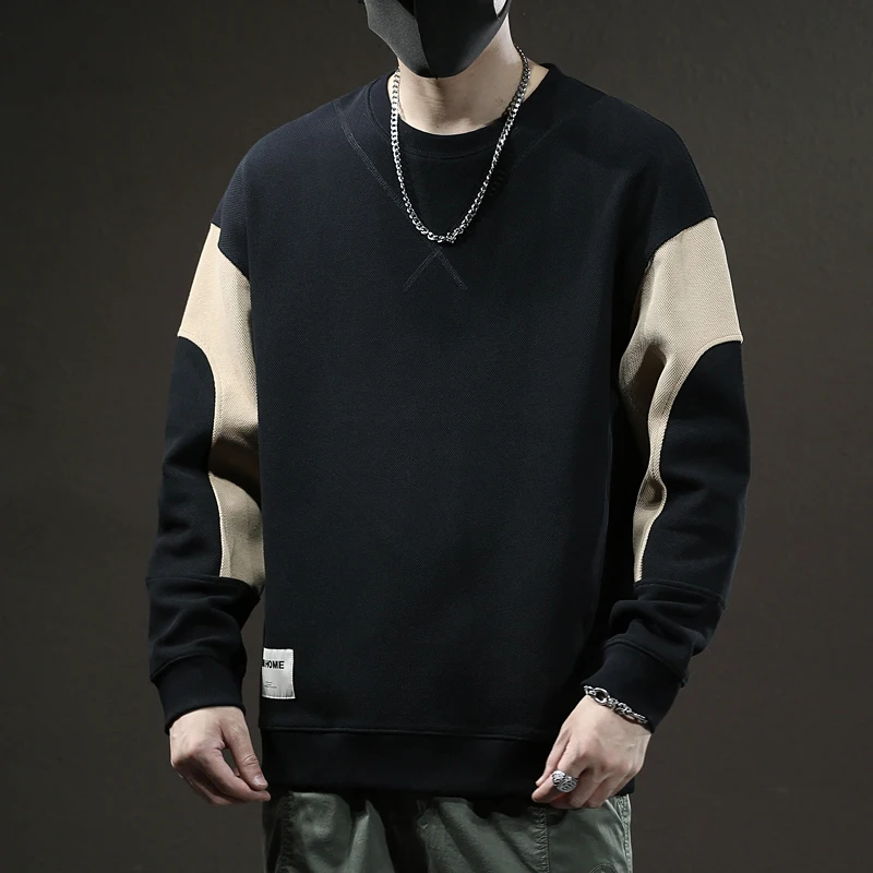 Autumn Winter Stitching Long-Sleeved Sweater for Men 2024 New American Fashion round Neck Loose plus Size Stretch Casual Clothes