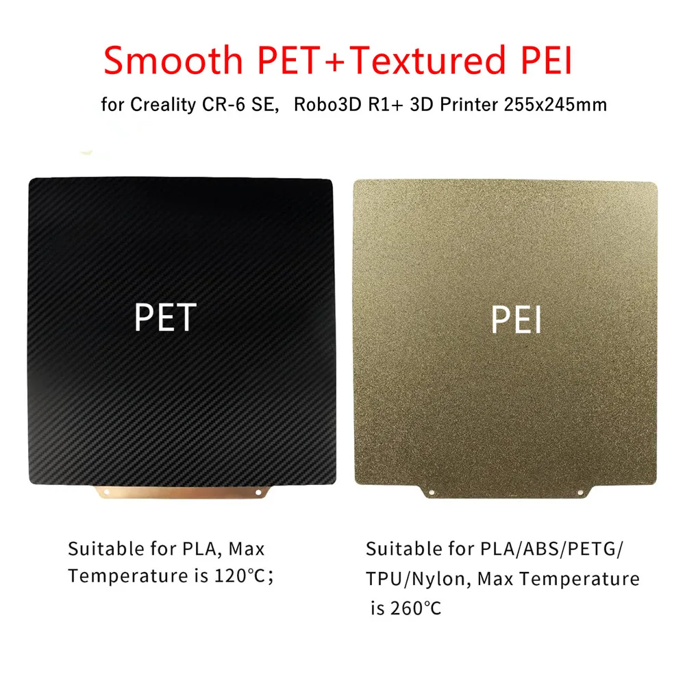 

Double Sided PET+PEI Sheet 255x245mm Flexible Carbon Fiber PET+Textured PEI Coating Print Bed for Creality CR 6 SE, Robo3D R1+