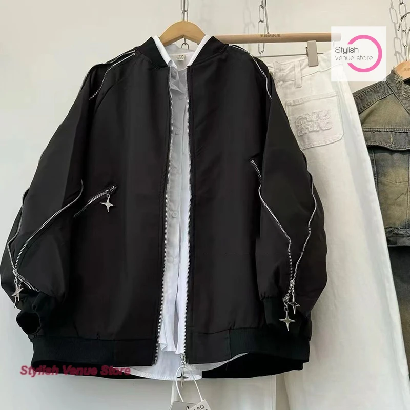 

American high street pocket zipper design jacket women's spring and autumn new fashion baseball uniform collar work jacket