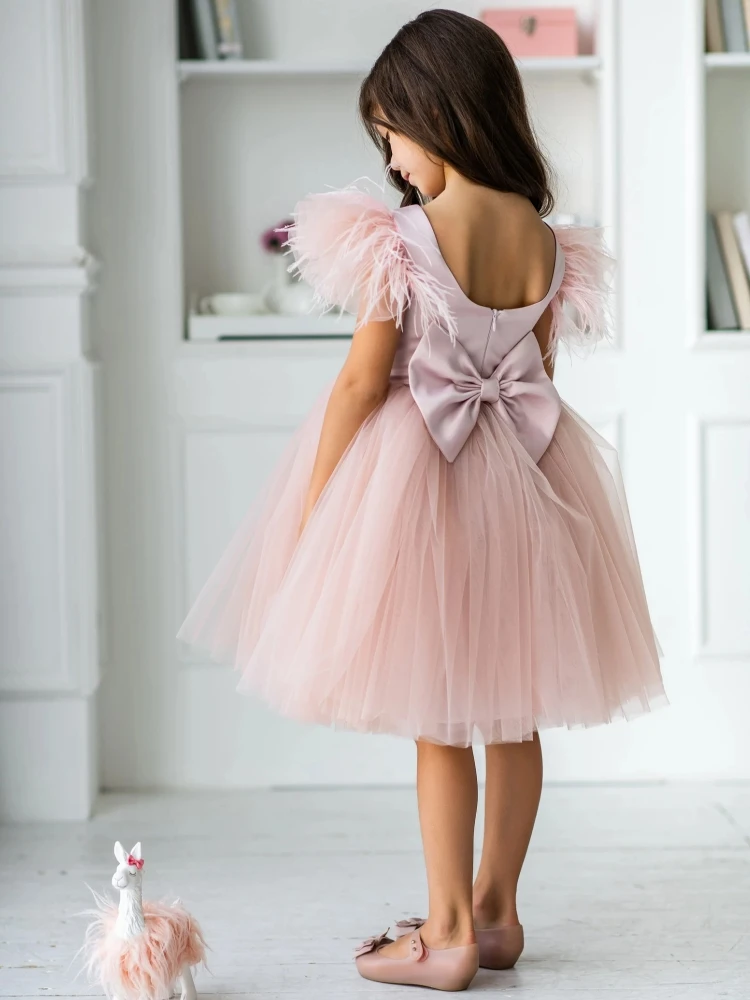 Pink Flower Girl Dresses Satin Top Tulle Puffy Skirt With Bow Feather Shoulder Sleeve For Wedding Birthday First Communion Gowns