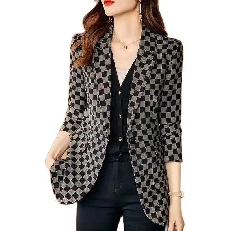 

Spring Autumn Suit Jacket Women 2024 New Loose Notched Plaid Coat Fashion Single Buckle Blazer Vintage Outerwear Female