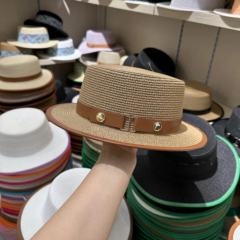 French English Wind Straw Hat Summer Straw Braid Retro Flat Top Hat Women Holiday Big Head Around Sunshade Sunblock Top Hats