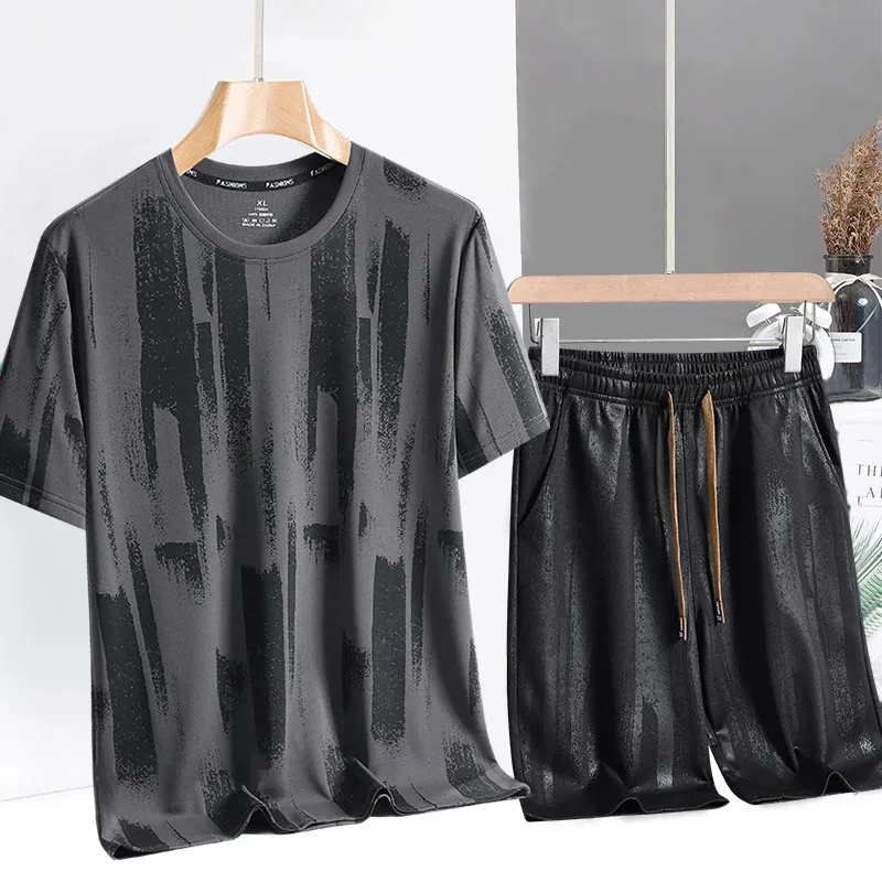 

25 Summer Ice Silk Sports Suit Men's Printed Short-Sleeved T-Shirt Quick Dry Gym Clothing Men Clothing