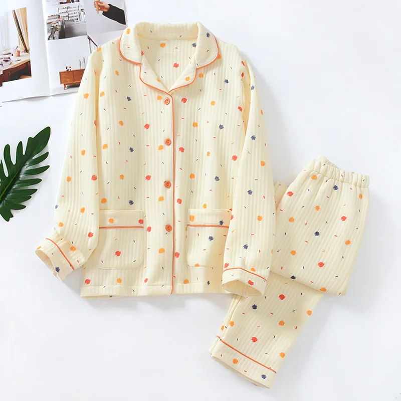 

Autumn and Winter New Women's Pajamas Set 100% Cotton Air Cotton Long Sleeve Pants Two Piece Home Clothing Warm Large Set