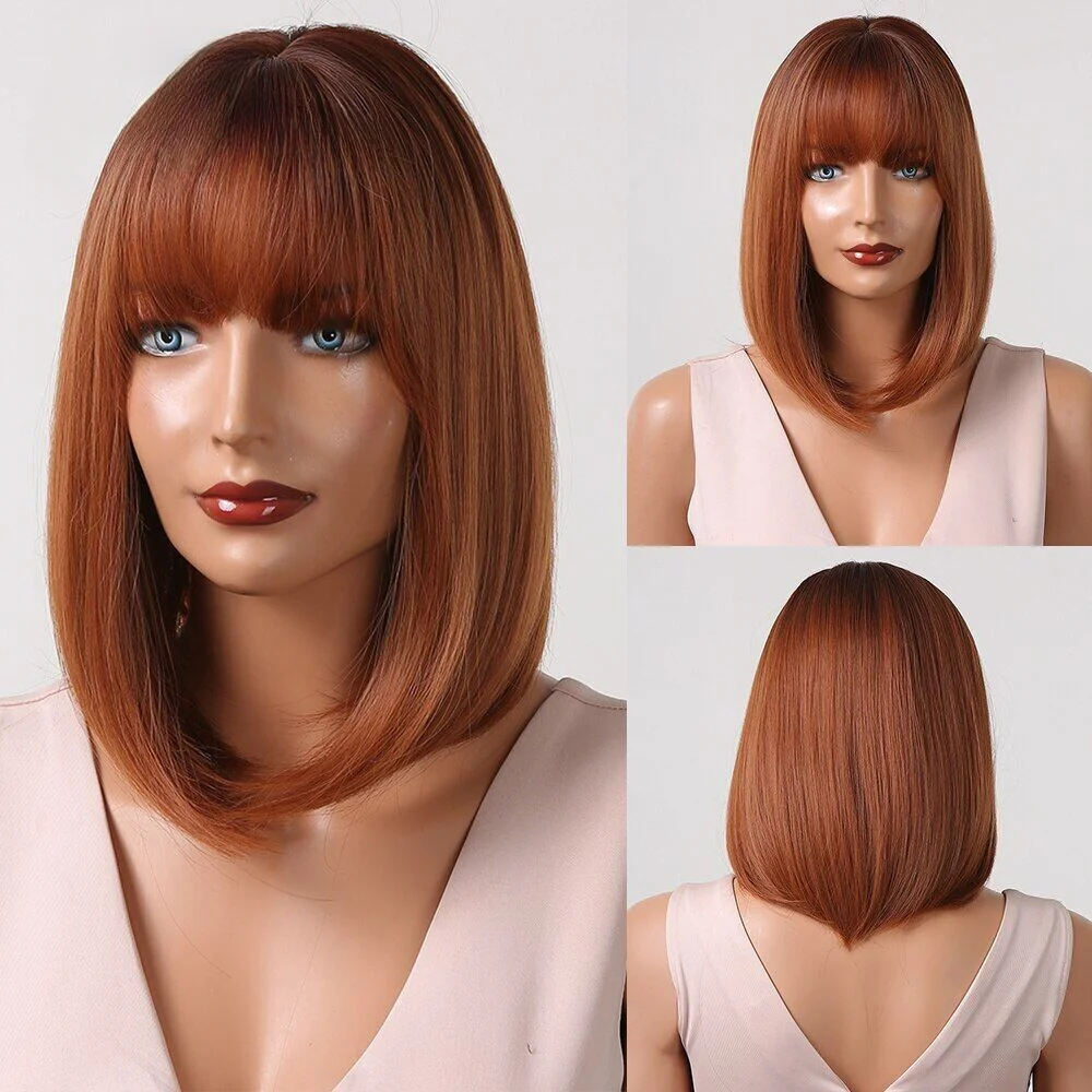 Bob Copper Brown Synthetic Wigs with Bangs Natural Straight Wig