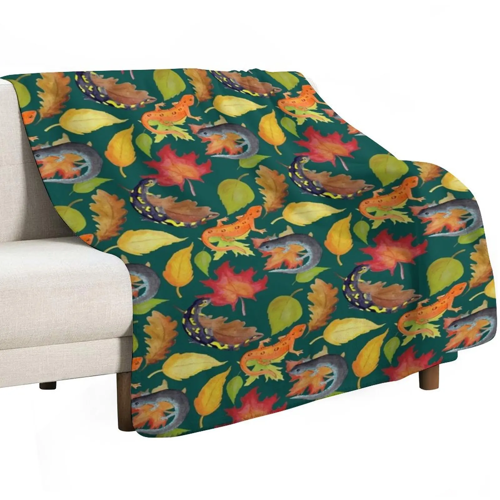 Salamander Leaves Watercolor Pattern- Dark Green Throw Blanket for babies Sofa Quilt Moving Cute Fashion Sofas Blankets