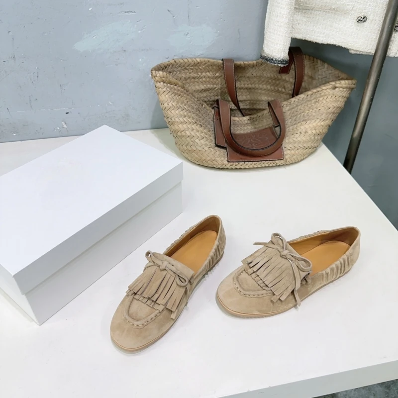 New leather flat bottomed round toe tassel one foot loafers comfortable single shoes women's bean shoes