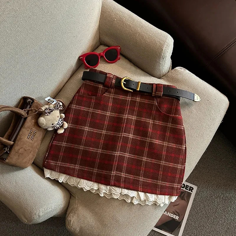 Minifaldas a cuadros de retales de encaje para mujer, faldas de lana sintética sin cinturón de cintura alta para otoño e invierno, moda Preppy Y2K, falda acampanada que combina con todo