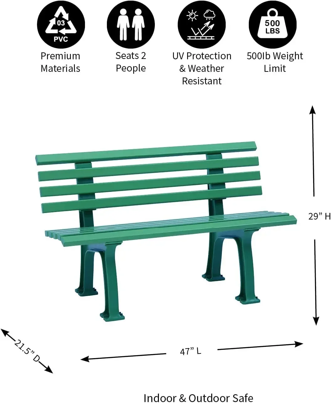 Plow & Hearth Weatherproof German PVC Outdoor Bench | 2-seat | Holds Up to 500 lbs |Garden Patio Porch Park Deck | Steel and Res