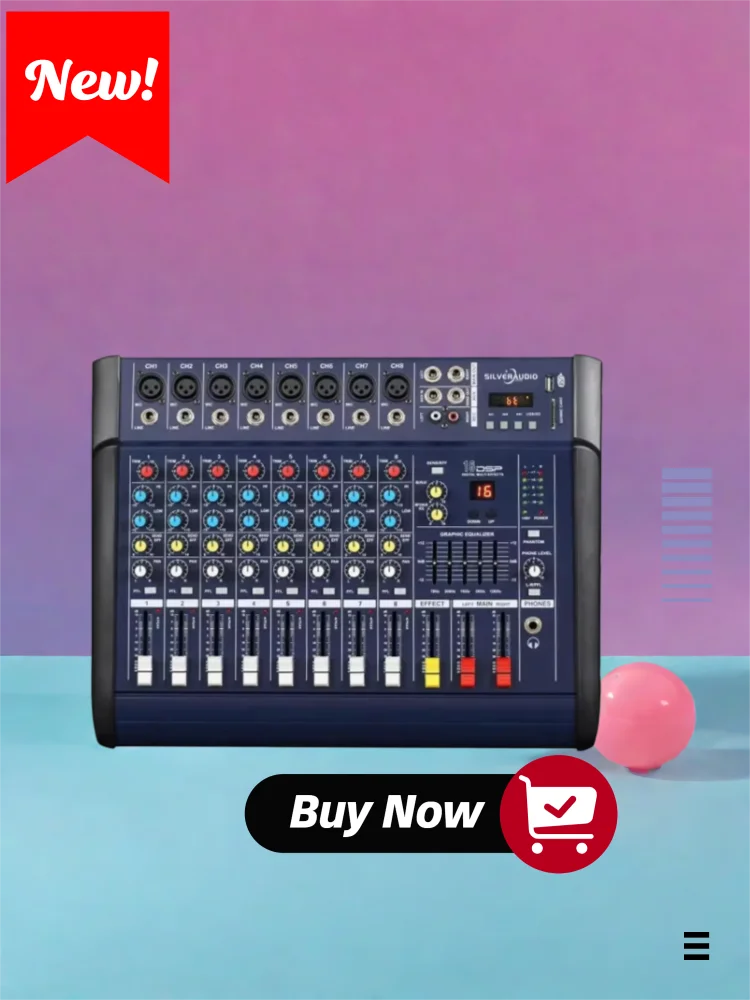 

Professional 8-channel mixer with amplifier built-in 16DSP digital effects 48V phantom power supply parties stage mixing console