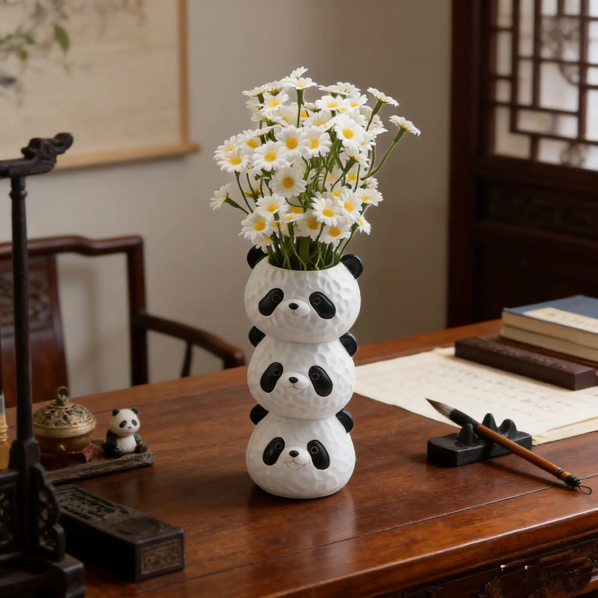 Cute Panda Shaped Resin Vase Stacked Design Creative Desktop Flower Holder for Living Room Home Decor