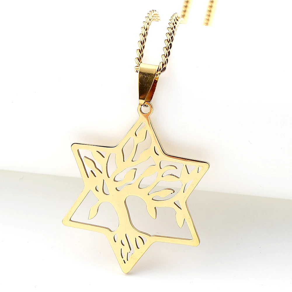 Magen Star of David Tree of Life Necklace for Women Men Gold Color Hollow Pendant Hexagram Plant Necklaces Jewelry Gift N8078S05