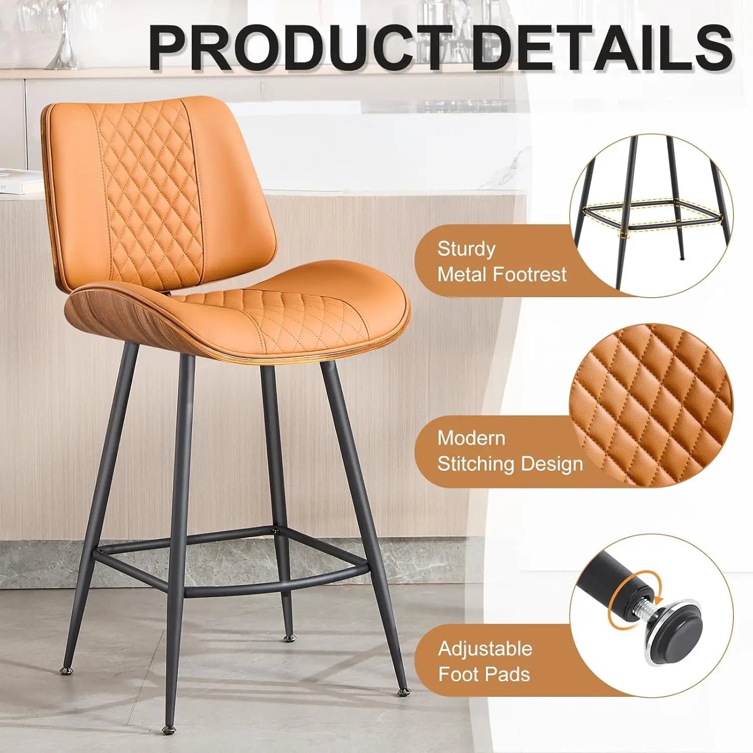 Conjunto de 3 Banquetas Altas para Balcão, Banquetas sem Braços de 26,9 polegadas com Pernas de Metal, Cadeira de Pub em Nogueira com Estilo Moderno, Personalizável