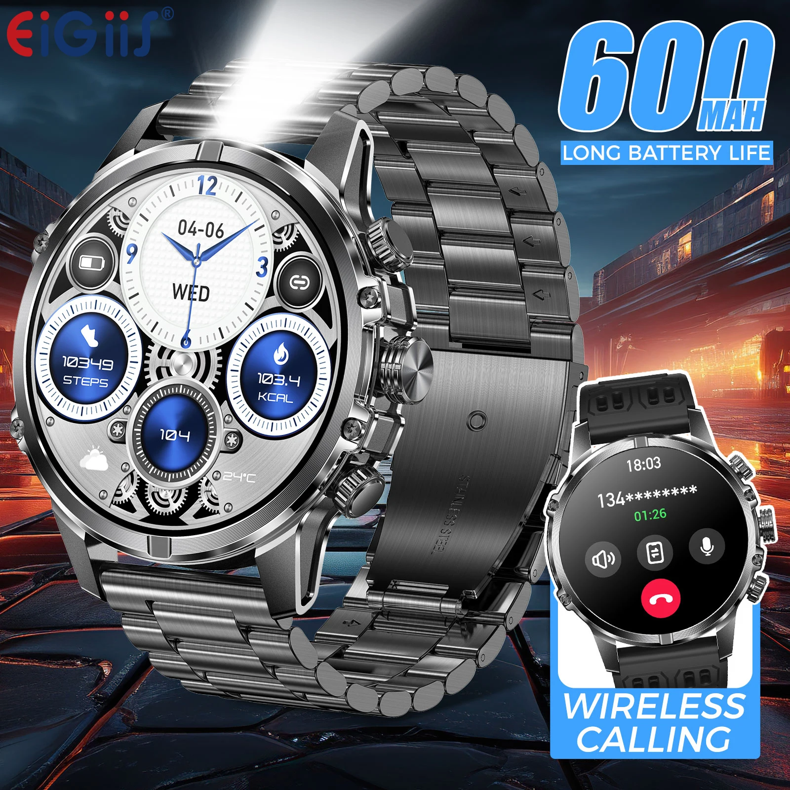 

EIGIIS Smart Watch for Men 1.75" AMOLED Big Screen 600mAh Battery 100+ Sports Modes Fitness Watch Heart Rate Sleep Monitor Watch