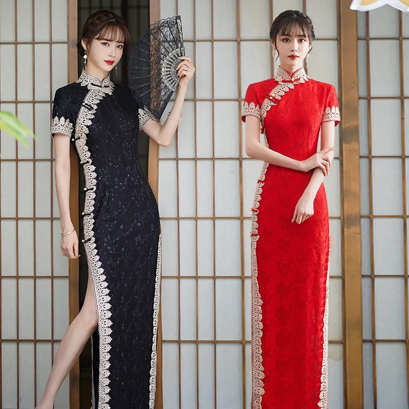 

Sexy Female Long Cheongsam Spring Summer Vintage Chinese style Dress Womens Lace Qipao Slim Party Dresses Button Vestido S-4XL