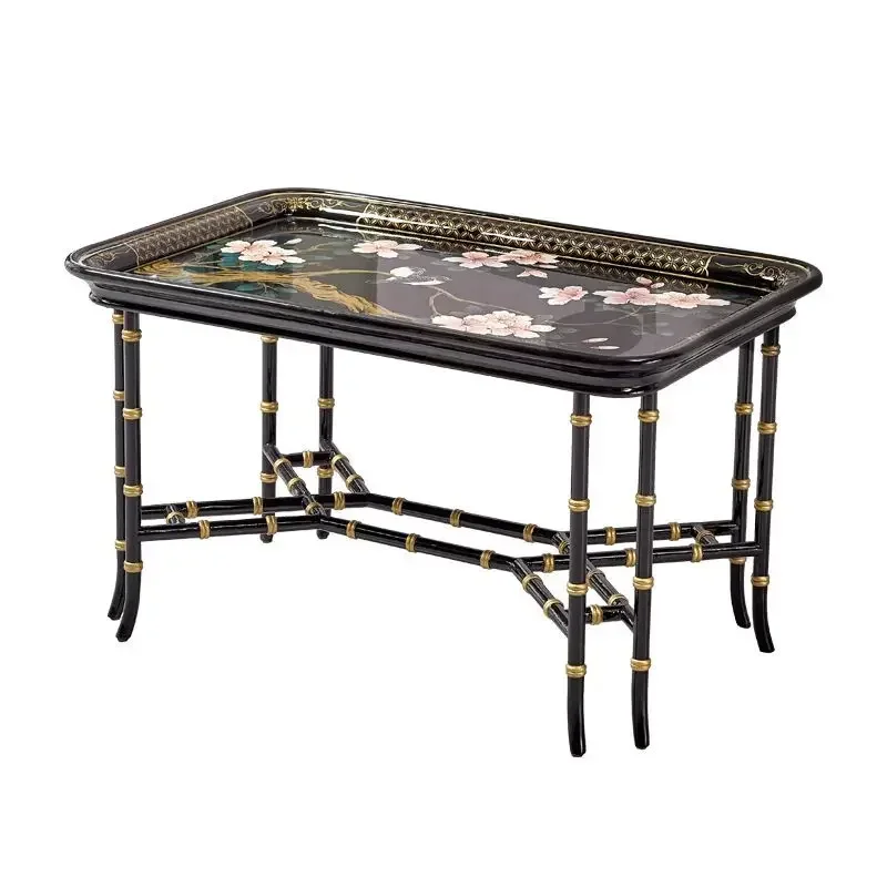 

New Chinese coffee table painting, retro flowers and birds Zen tea table small apartment living room solid wood