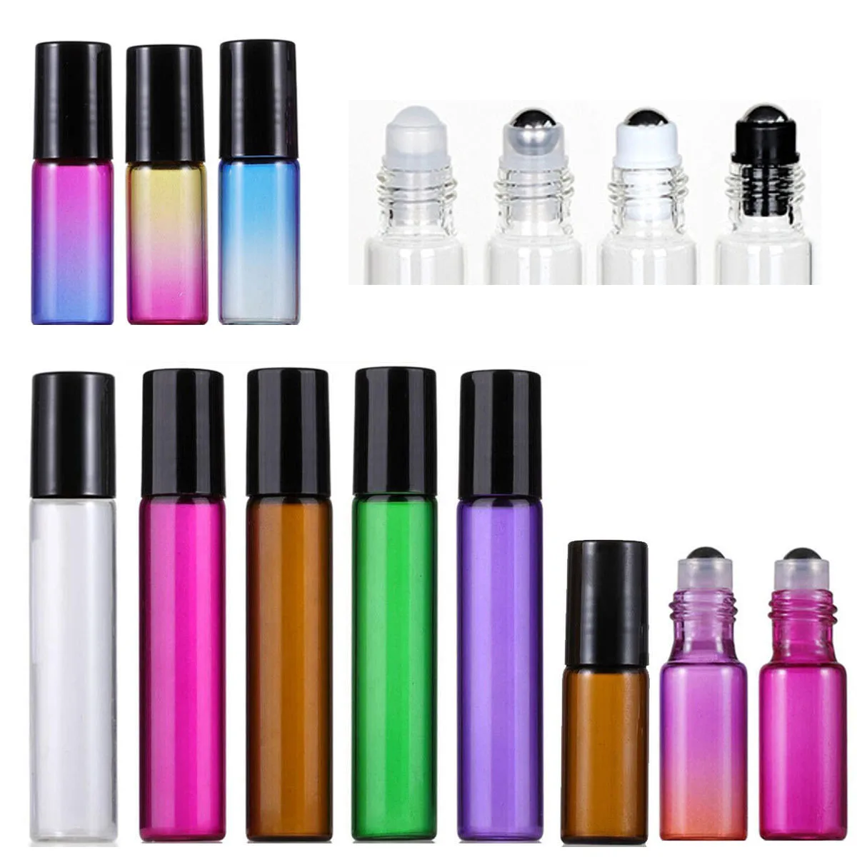 50X 5ml 10ml MIX Color Glass Essential Oil Roller Bottles Perfume Roll on Ball Sample Size Mini Travel Portable Refill