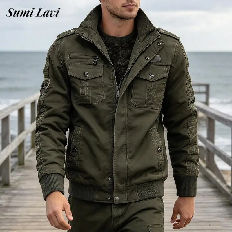 Daily Outdoor Multi Pocket Cargo Coats Mens Winter Thickened Solid Color Jacket Male Streetwear Vintage Stand Collar Outerwear