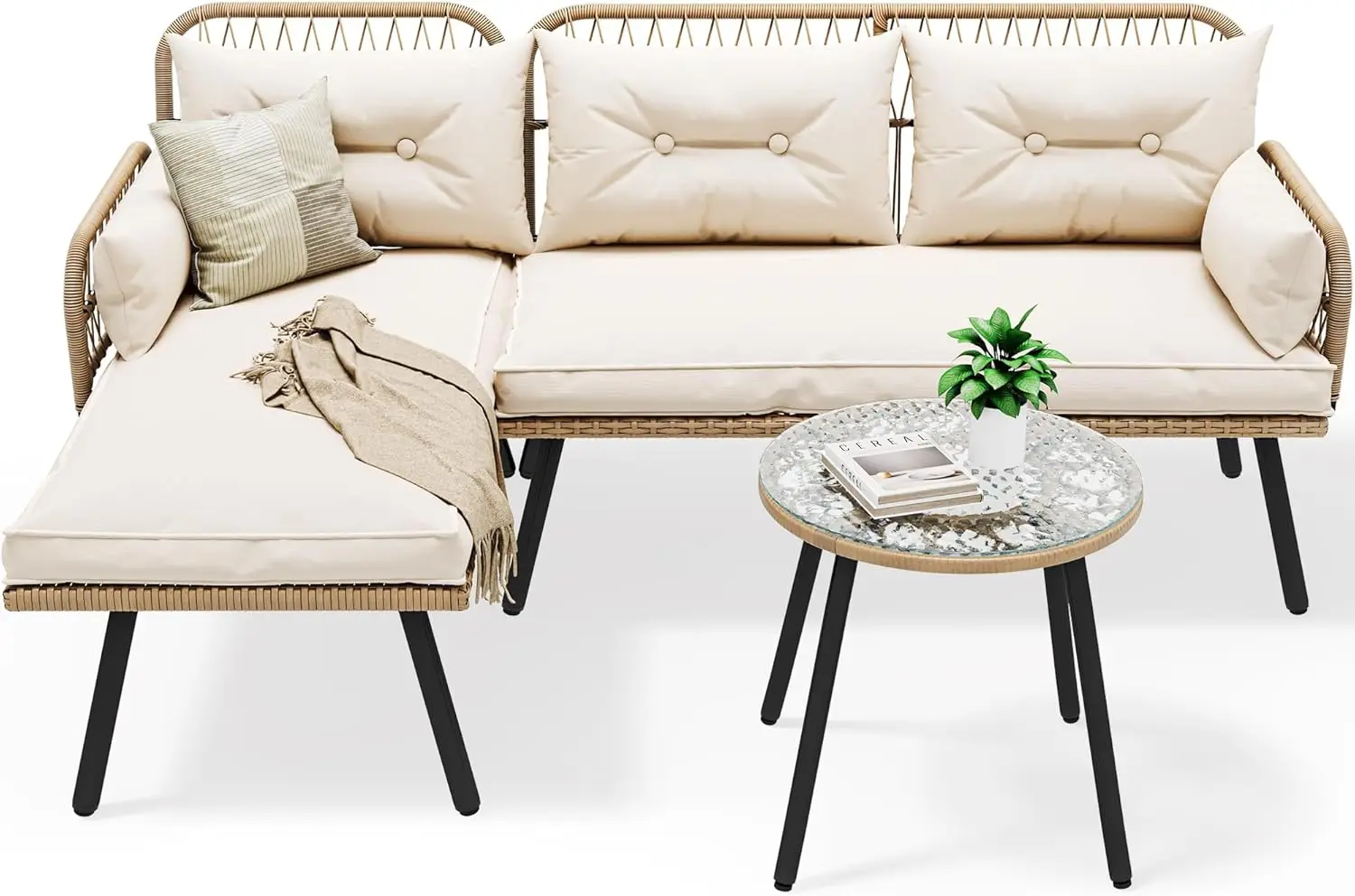 L-Vormige Terrasmeubilair Buiten Loveseat Sectionele Set Voor Achtertuin, Veranda Met Dikke Kussens Afneembare Ligstoel