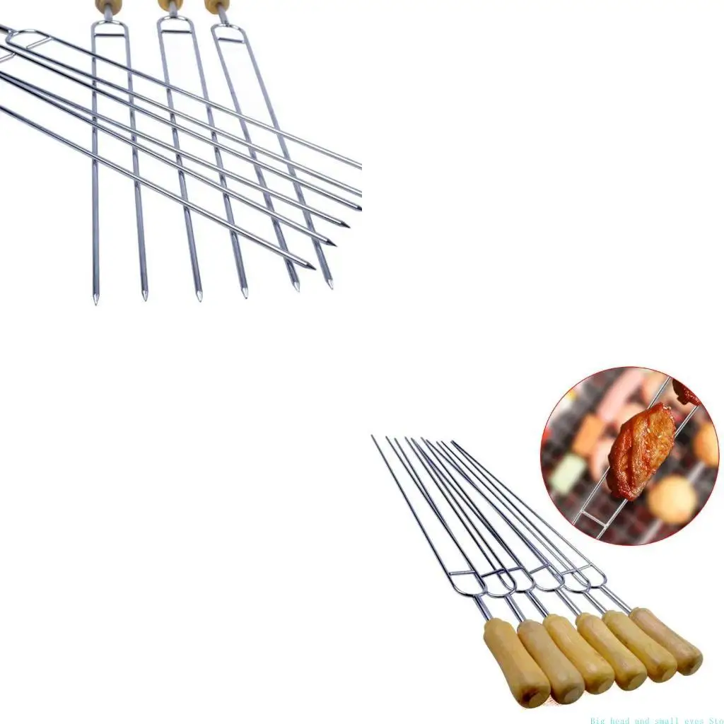 6pcs Stainless Steel U-Shaped Barbecue Brazing Fork Needle Grilling Skewers Double Prong BBQ Tools