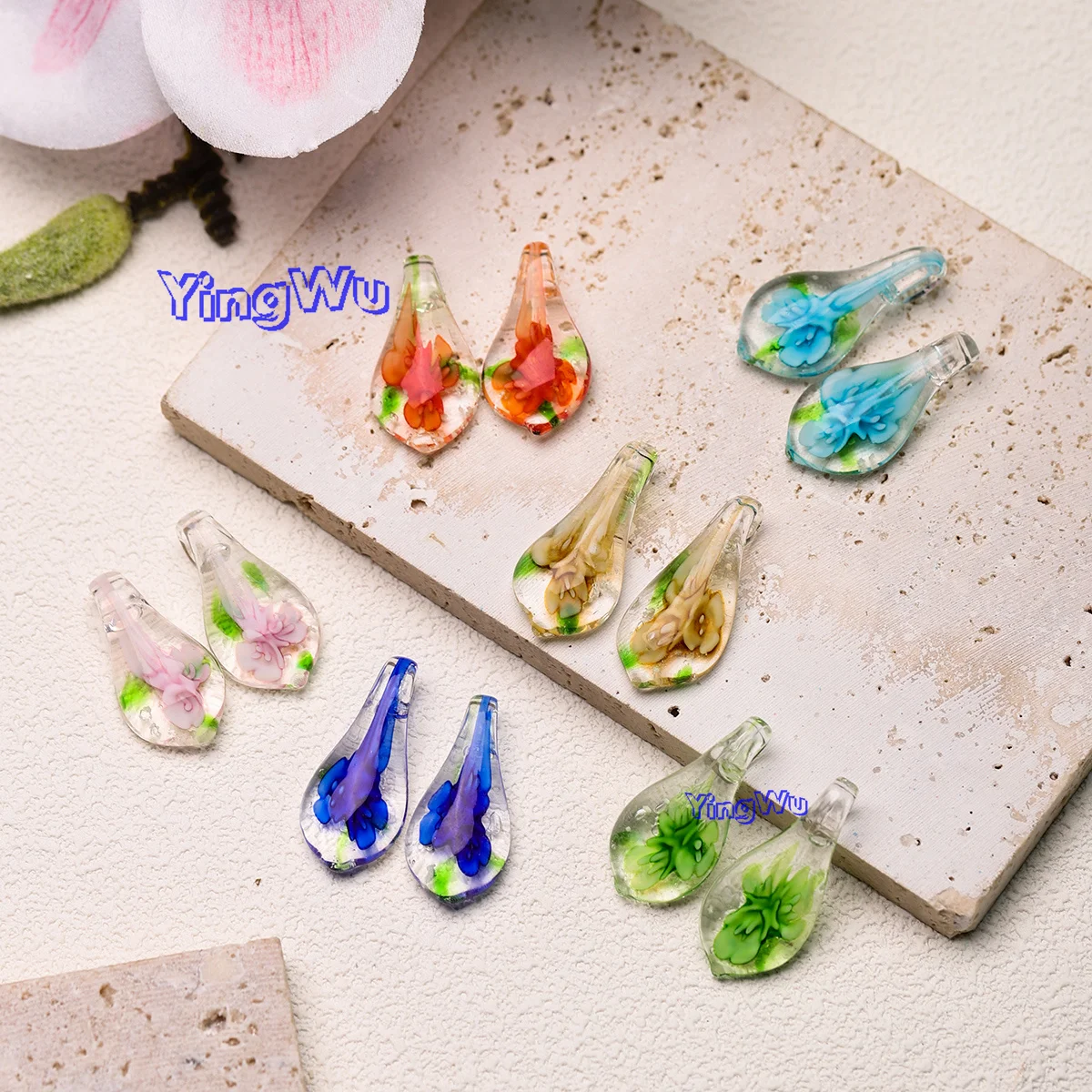 Yingwu Wholesale 12pcs/Lots Transparent Glass Heart Print Flower Pendant For Bracelet Necklace Jewelry Making Earring Finding