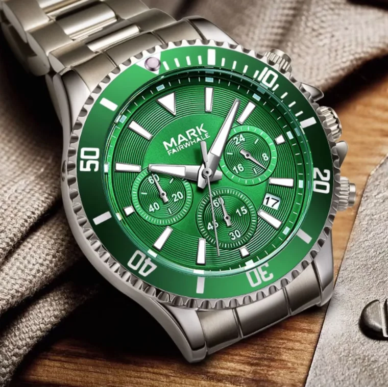 

Mark Fairwhale Men Chronograph Watch 43MM Sport Quartz Wristwatch Luminous Steel Strap