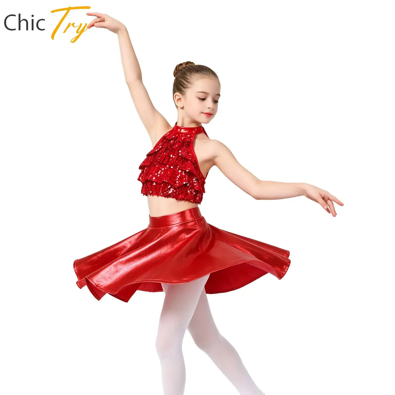 Kids Girls Jazz Dance Costume Sleeveless Shiny Sequin Tiered Crop Top Metallic Ruffled Skirt Outfit Ballet Disco Latin Dancewear